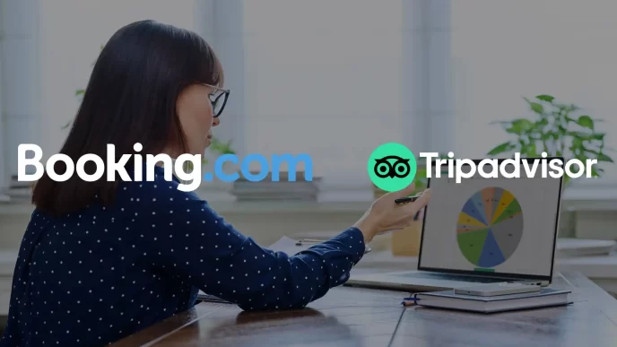 Donna che analizza grafici al computer con i loghi di Booking.com e TripAdvisor in sovraimpressione.