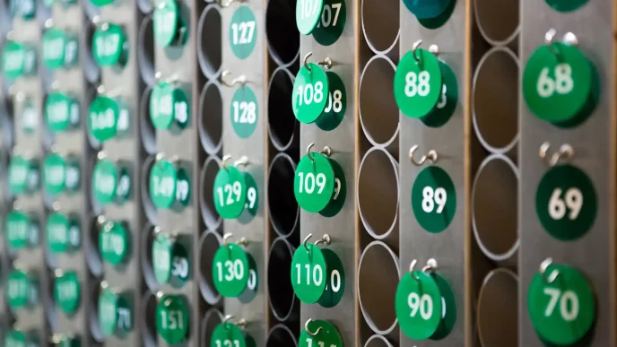 Raccolta di chiavi numerate per le camere di un hotel su un rack di metallo.