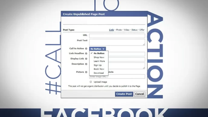 Schermata di creazione post non pubblicato su Facebook con opzioni di call to action.