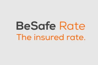 Logo di BeSafe Rate con slogan "The insured rate." su sfondo grigio chiaro, in nero e arancione.