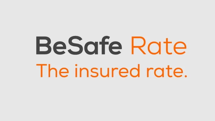 Logo di BeSafe Rate con slogan "The insured rate." su sfondo grigio chiaro, in nero e arancione.