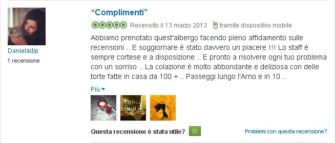 Recensione positiva su TripAdvisor che elogia la colazione e il personale cortese di un hotel.