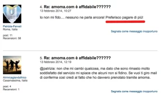 Discussione su TripAdvisor sull'affidabilità di amoma.com, con utenti che condividono esperienze contrastanti sulle prenotazioni.