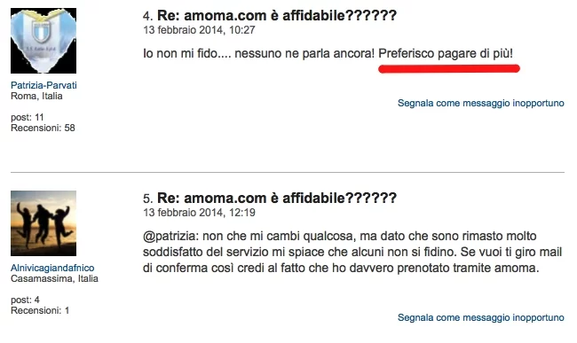 Discussione su TripAdvisor sull'affidabilità di amoma.com, con utenti che condividono esperienze contrastanti sulle prenotazioni.