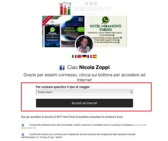 Pagina di accesso Wi-Fi dell'hotel Miramonti con richiesta di specificare il tipo di viaggio