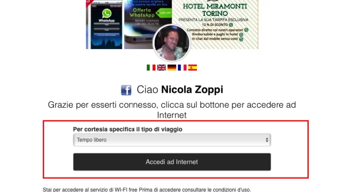 Pagina di accesso Wi-Fi dell'hotel Miramonti con richiesta di specificare il tipo di viaggio