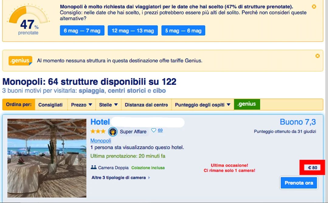 Risultati di ricerca su Booking.com per Monopoli, mostrando disponibilità di hotel, punteggi degli ospiti e prezzi per notte.