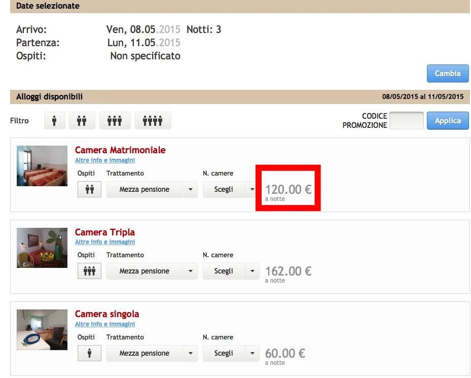 Pagina di prenotazione di un hotel con opzioni di camere disponibili e tariffe per un soggiorno di tre notti.