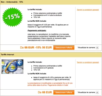 Tariffe non rimborsabili e internet per hotel con dettagli su colazione e connessione wi-fi.