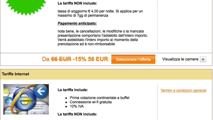 Tariffe non rimborsabili e internet per hotel con dettagli su colazione e connessione wi-fi.