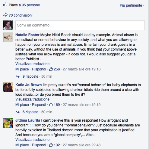 Commenti su Facebook che criticano Nikki Beach Phuket per l'uso di un elefante durante una festa, citando abusi sugli animali.