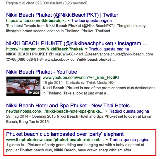 Risultato di ricerca su Google che mostra notizie critiche verso Nikki Beach Phuket per l'uso di un elefante durante una festa.