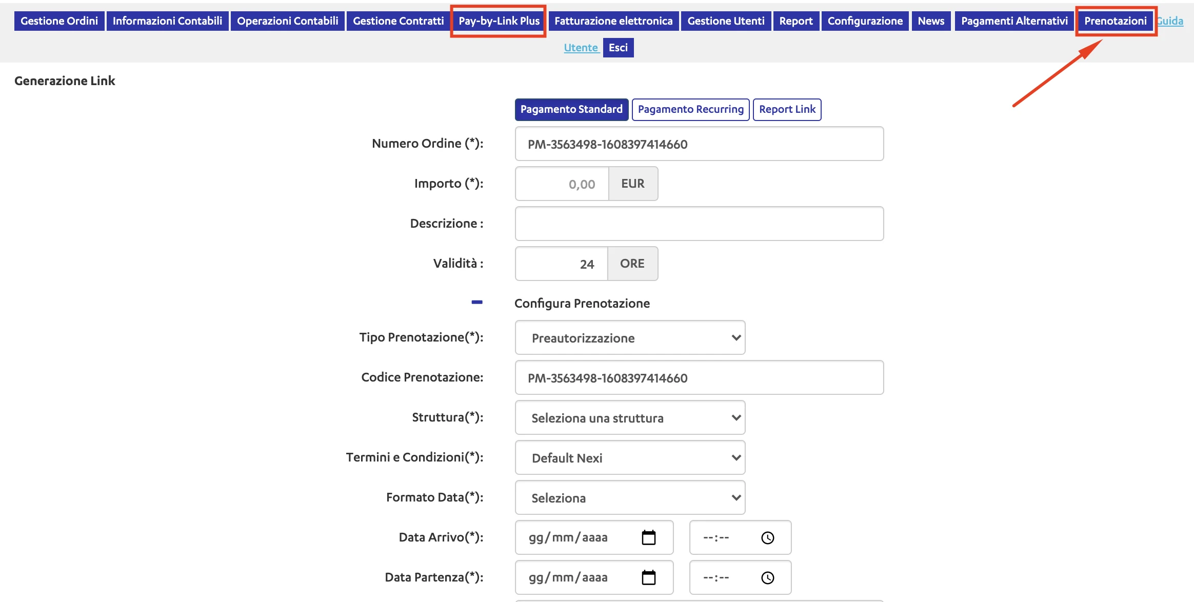 Schermata di generazione link pagamento in un sistema di gestione ordini, con opzioni di preautorizzazione.